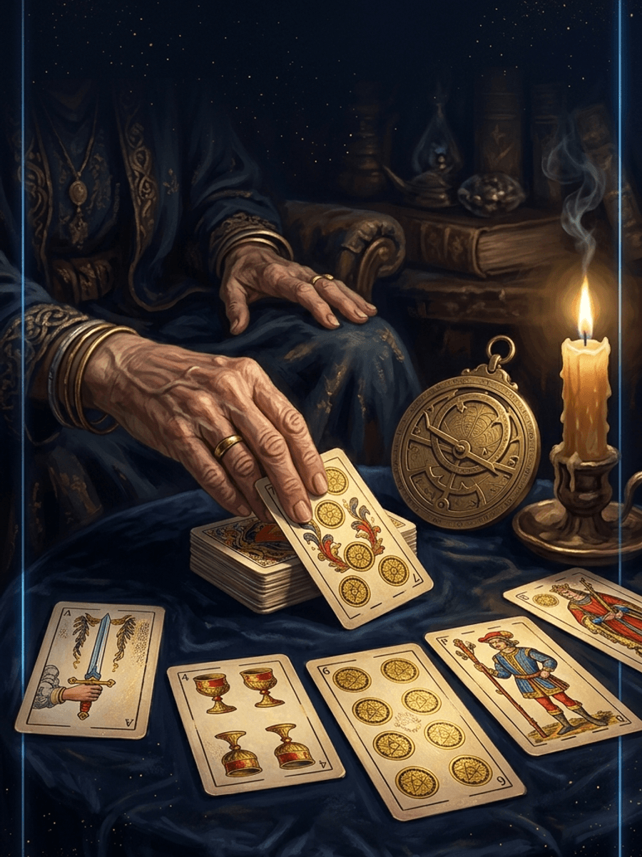 Mano de cartomante repartiendo cartas de la Baraja Española sobre terciopelo azul noche, junto a un astrolabio de latón y una vela encendida