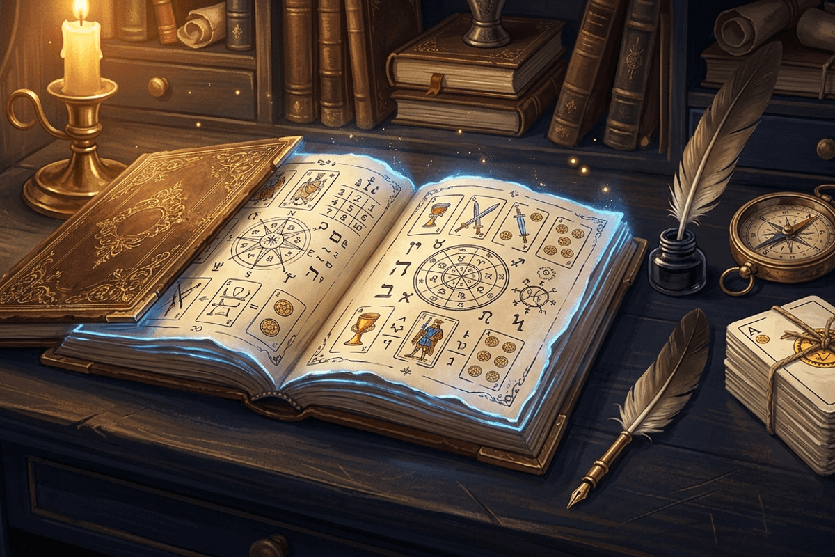 Libro antiguo abierto con diagramas de numerología y cartas, pluma, baraja española y brújula de latón sobre un escritorio azul noche