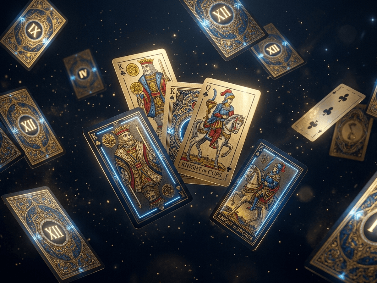 Cartas de la Baraja Española y tarot flotando en un vacío estrellado con bordes dorados y destellos azul eléctrico