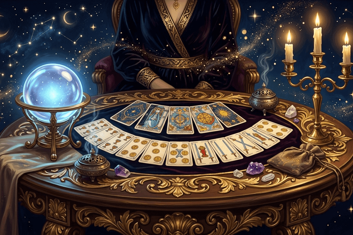 Mesa de lectura privada con cartas de tarot y Baraja Española en abanico, bola de cristal con luz azul eléctrico y candelabro de latón