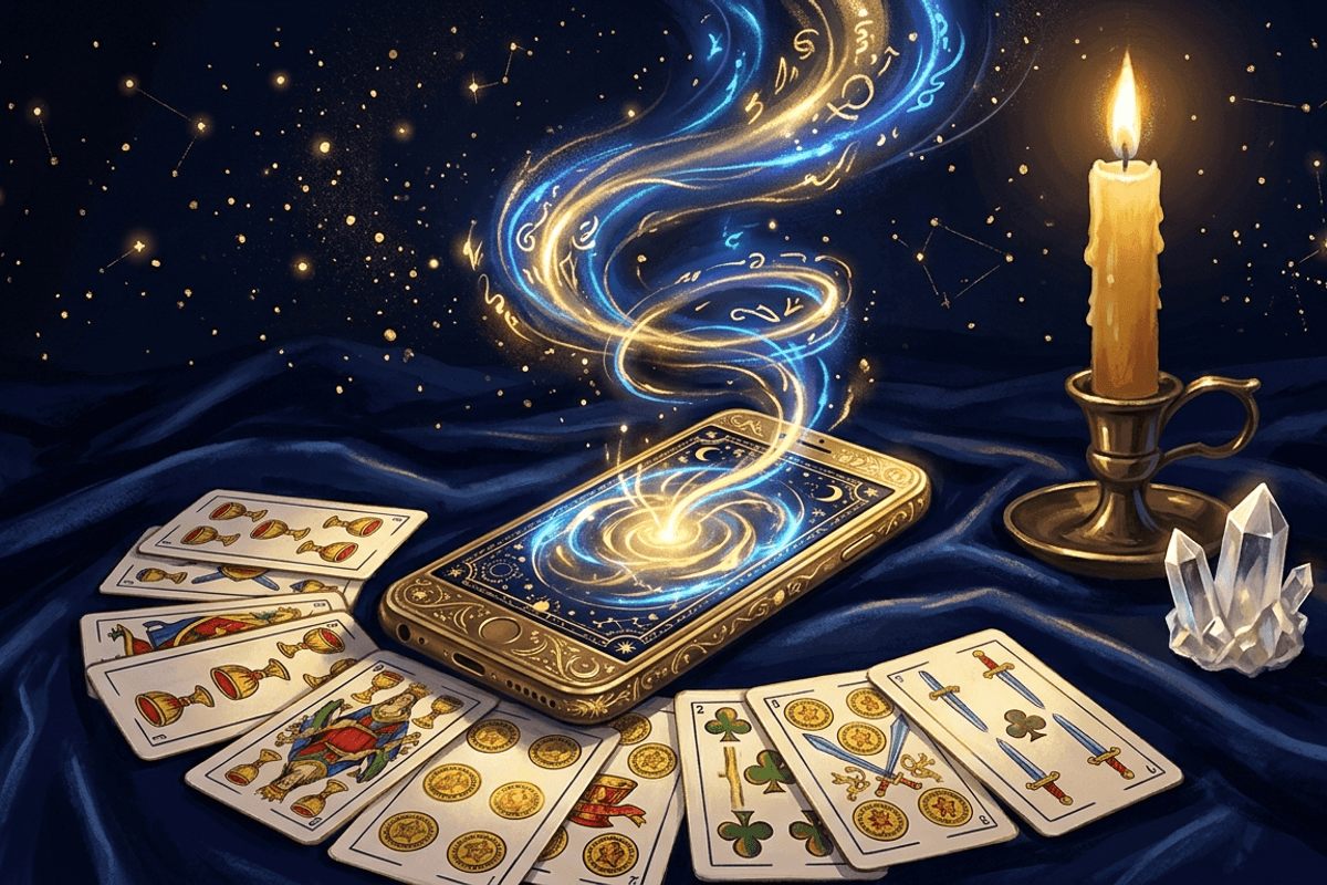 Teléfono dorado sobre terciopelo azul noche rodeado de cartas españolas en abanico, una vela y un cristal, con estelas de luz dorada y azul